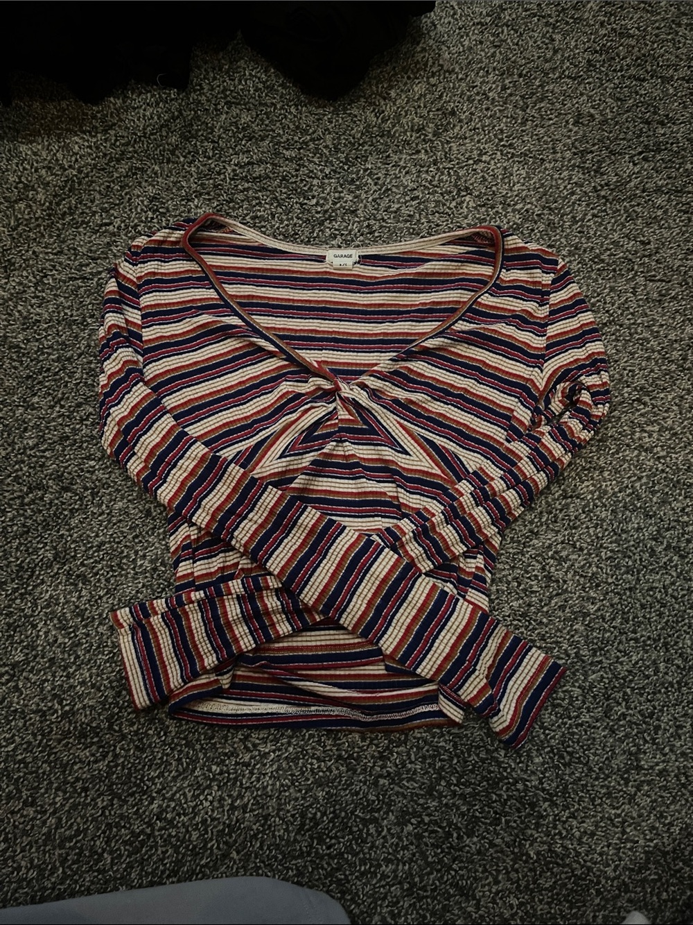 Garage Striped V-Neck Twist-Front long-sleeve in Navy, Cream & Burgundy